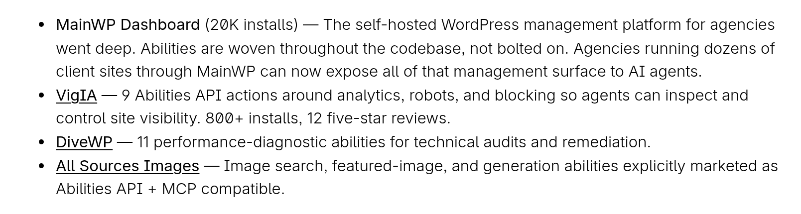 DiveWP in AI Across the WP Ecosystem WordPress Abilities API plugins list on j.cv with the DiveWP entry: 11 performance-diagnostic abilities for technical audits and remediation