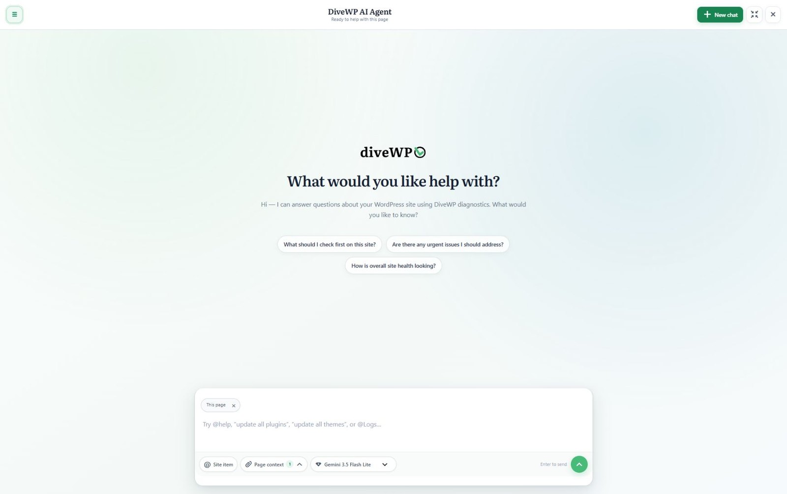DiveWP AI Agent chat workspace WordPress AI agent plugin chat workspace in DiveWP 3 with suggested questions and page context