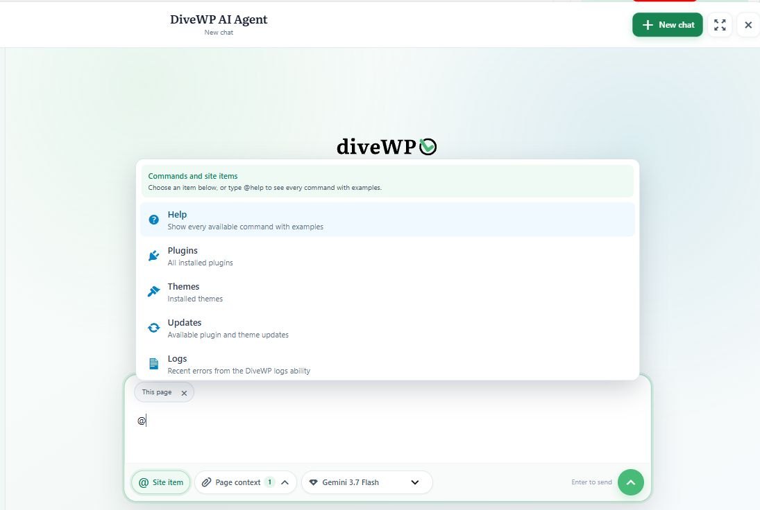 AI Agent mention picker DiveWP AI Agent chat with the @ mention picker listing Help, Plugins, Themes, Updates and Logs