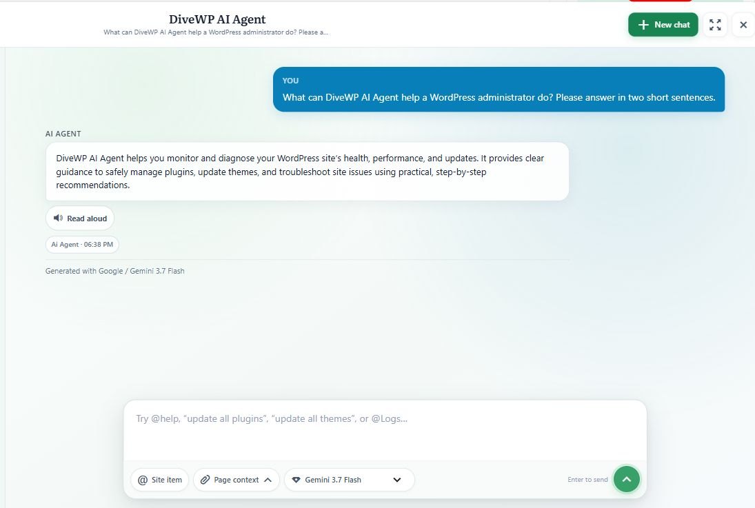Saved AI Agent conversation Saved DiveWP AI agent conversation in wp-admin with a Read Aloud control