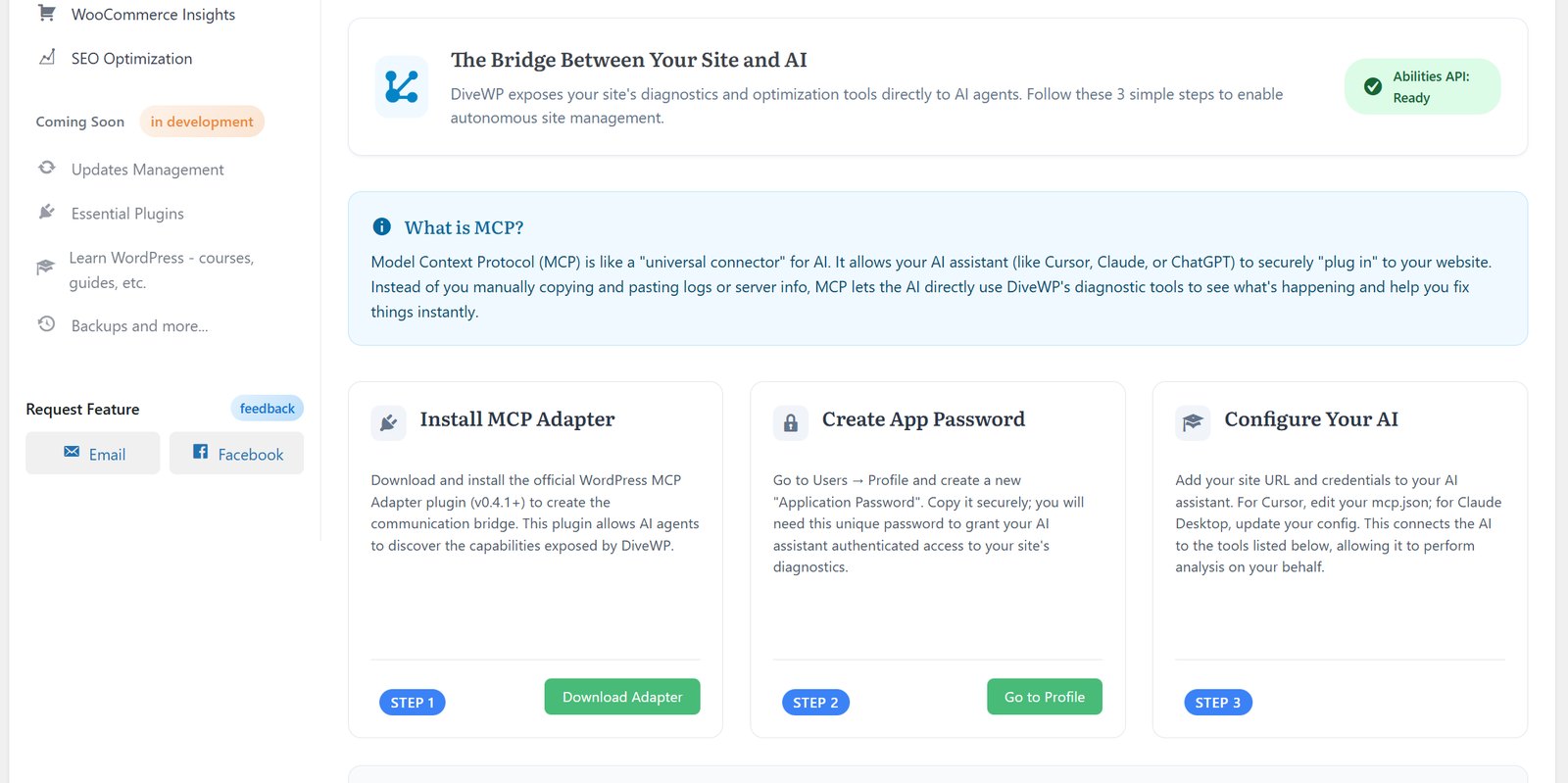 Abilities & MCP Abilities API and MCP setup: install the MCP adapter, create an app password, configure your AI