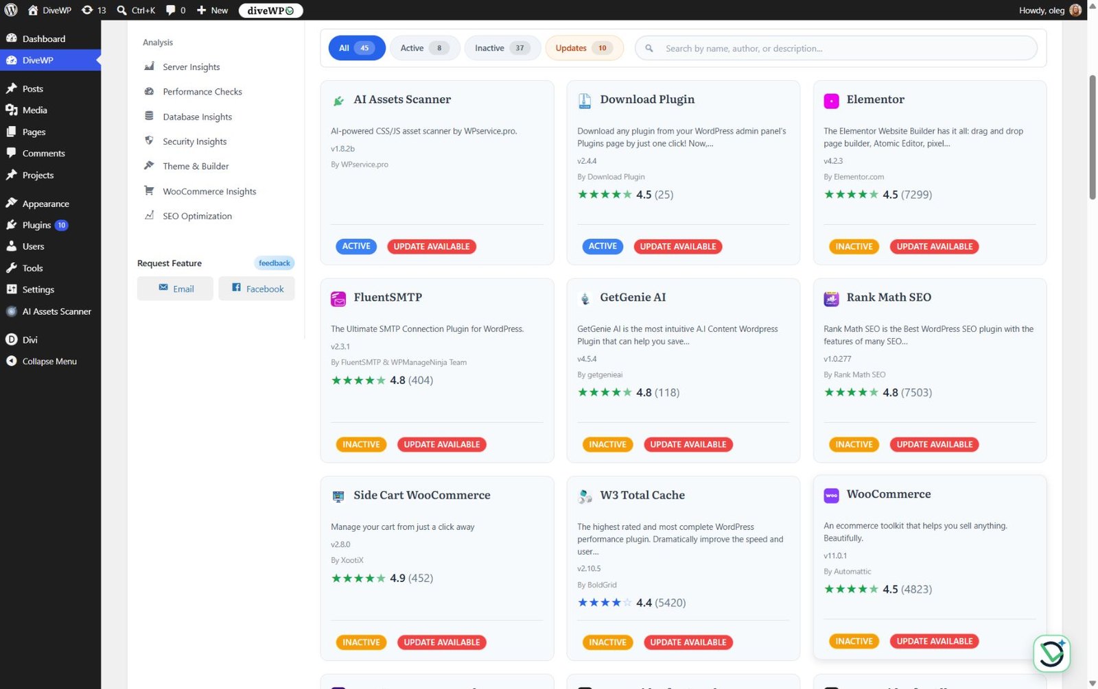 Plugin updates DiveWP Plugins Management: installed plugins with ratings and update-available labels