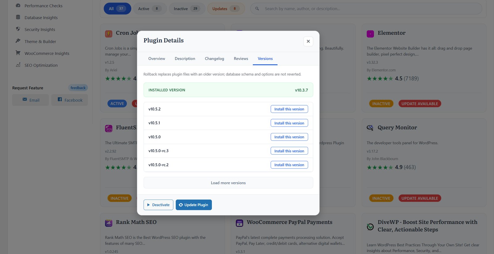 Rollback Plugin Details modal, Versions tab, listing earlier versions to install