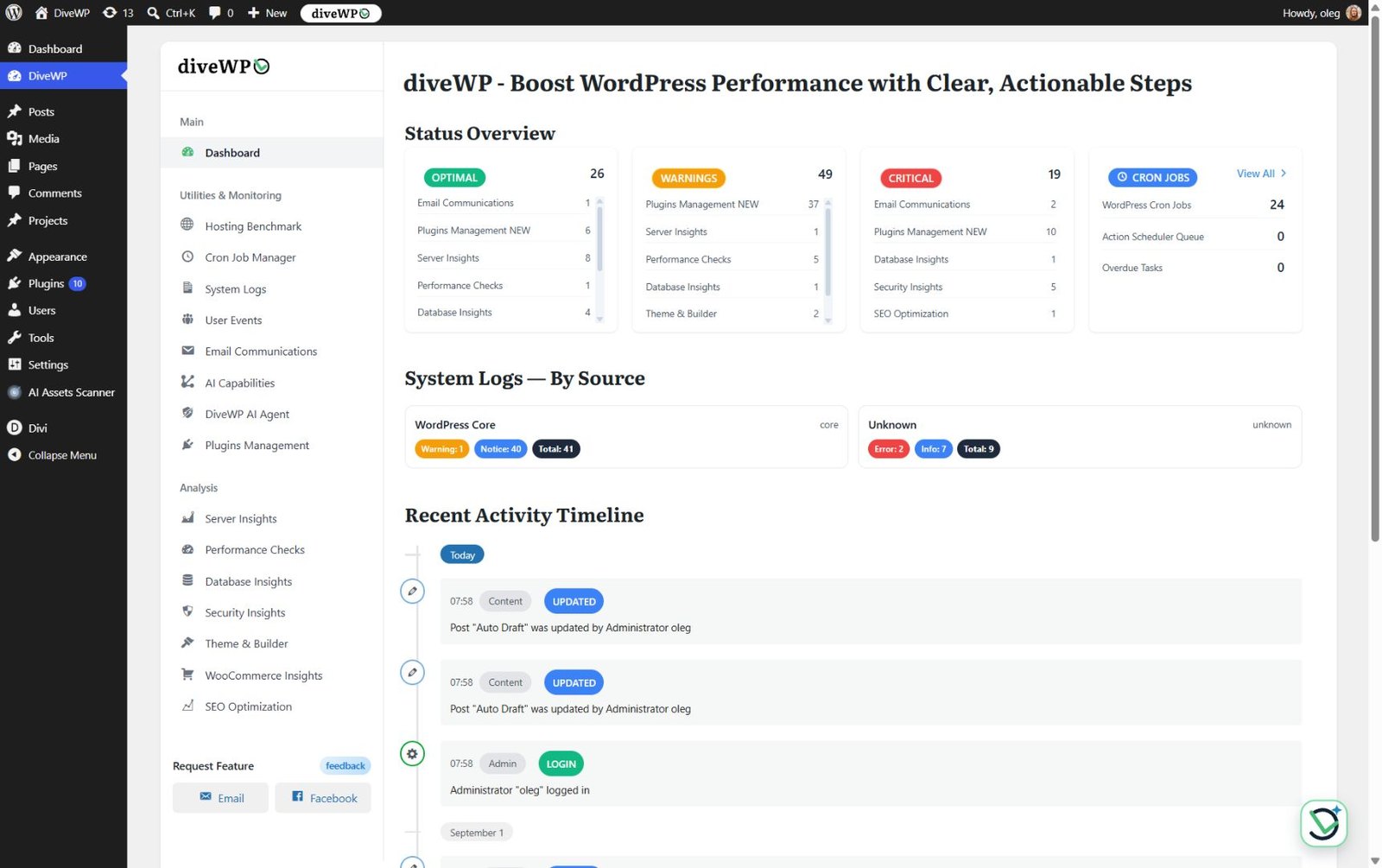 DiveWP dashboard DiveWP dashboard in wp-admin: status overview, system logs by source and a recent activity timeline