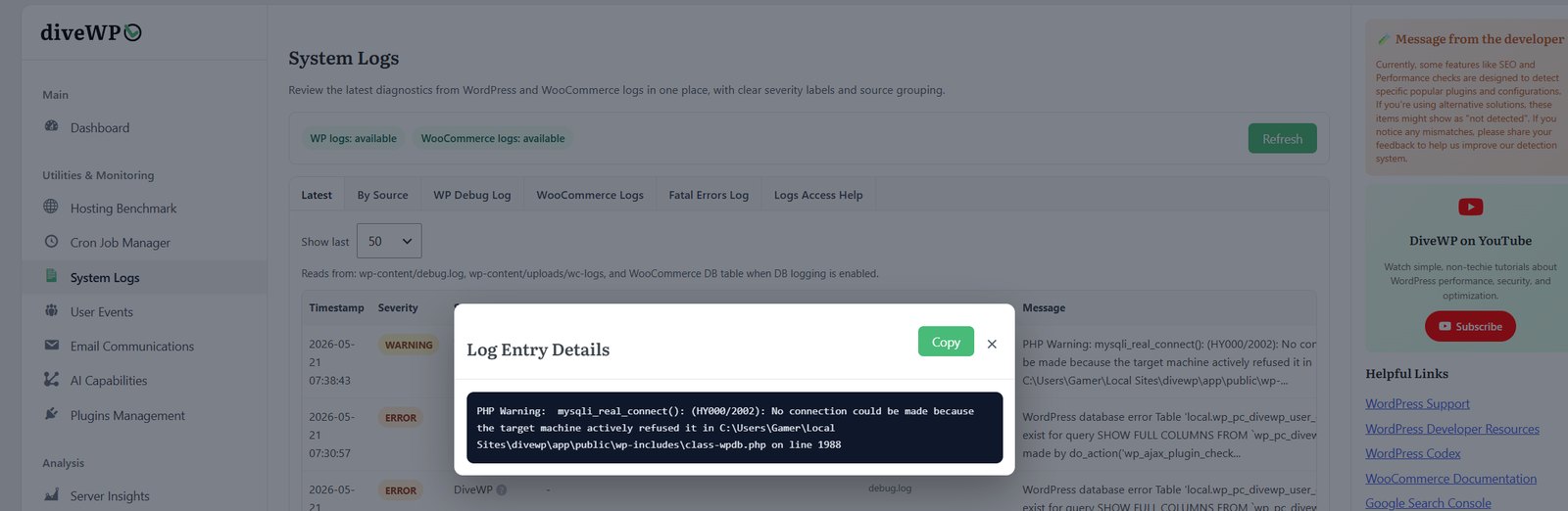 System logs System Logs with a log entry details modal and copy button